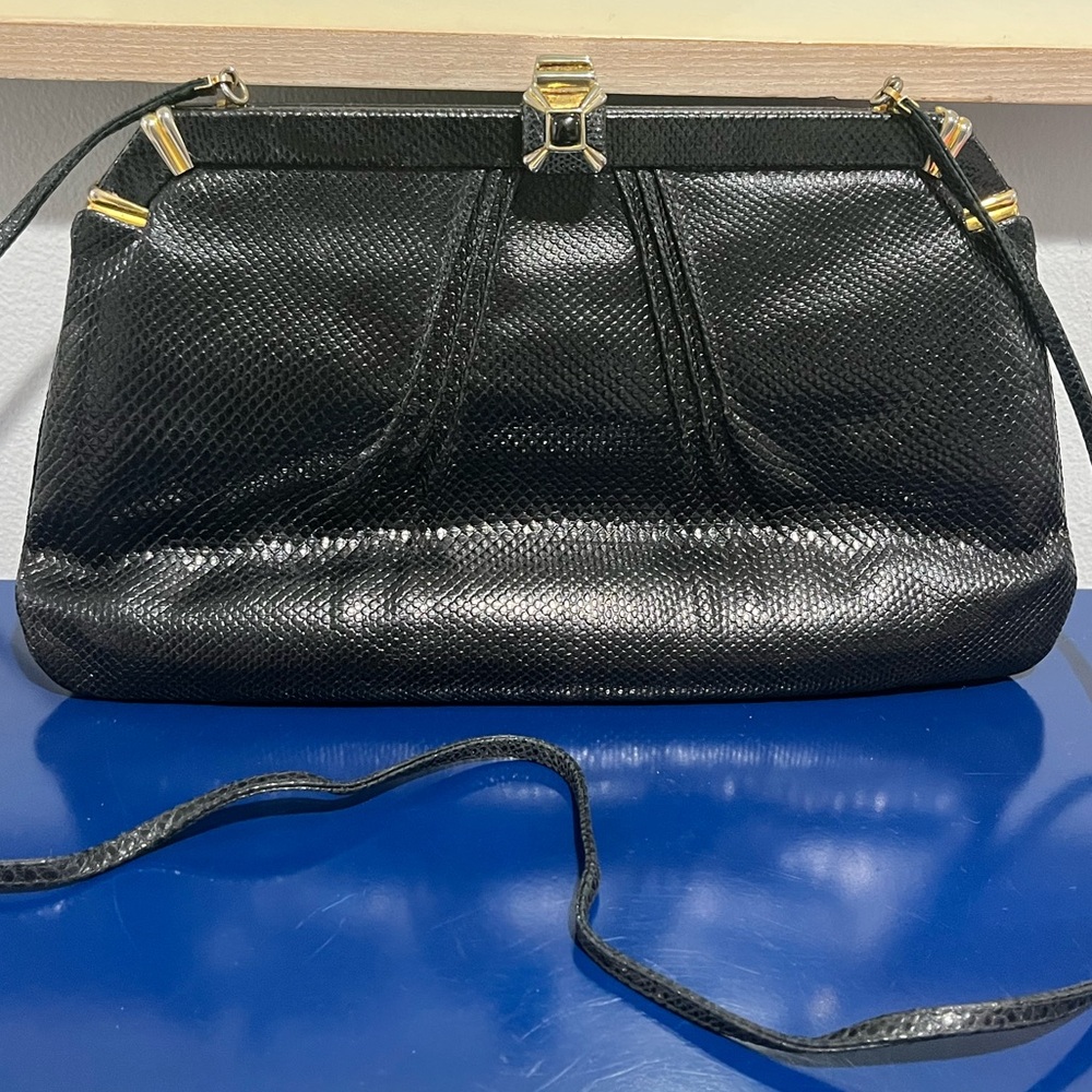 Judith Leiber Leather Snakeskin Reptile Bag Purse Clutch Black Gold Vintage 80s